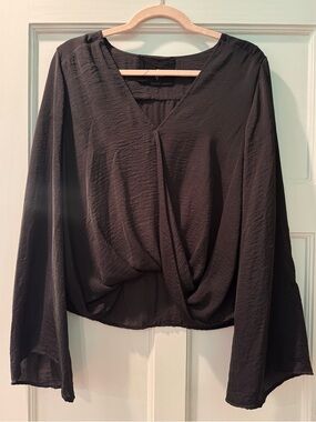 Blue Life Black Wrap Draped Front Long Sleeve Blouse